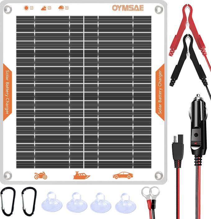 JOYSAE White 5W 12V Solar Car Battery Charger Portable Waterproof Solar Power Battery Charger & maintainer with Trickle Cigarette Lighter Plug & Alligator Clip - Image 1